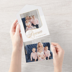 Elegant Gold Rejoice Calligraphy Script Photo All In One Invitation