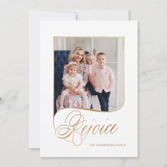 Elegant Gold Rejoice Calligraphy Script Photo Holiday Card (Front)