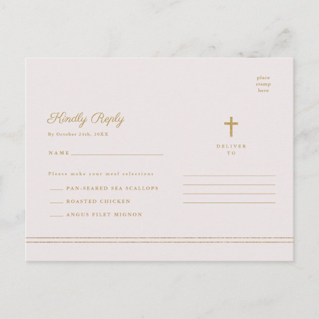 Elegant Gold Religious Baptism & Christening RSVP Postcard (Front)