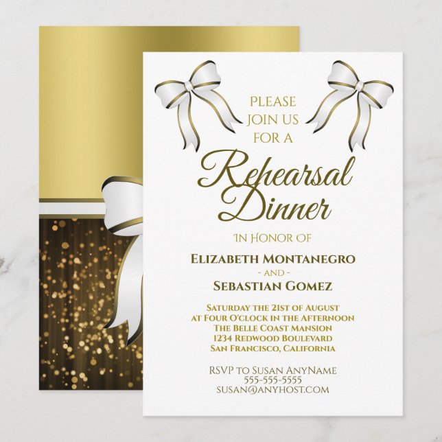 Elegant Gold Ribbon & Bow Wedding Rehearsal Dinner Invitation (Front/Back)