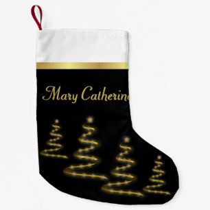 Elegant Gold Ribbon Trees and Stars on Black Small Christmas Stocking