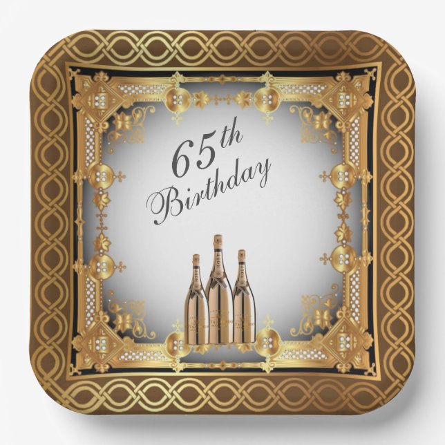 Elegant Gold Rim 65th Birthday Party  Paper Plate (Front)