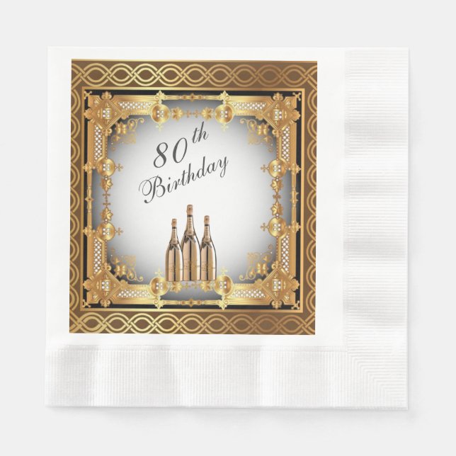 Elegant Gold Rim 80th Birthday Party Paper Napkin (Front)