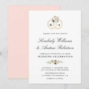 Elegant gold ring blush pink floral wedding invitation