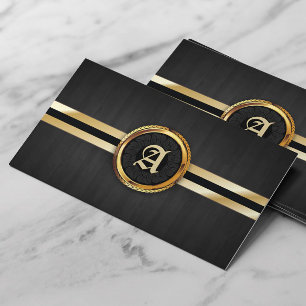 Elegant Gold Ring Monogram Dark Wood Business Card
