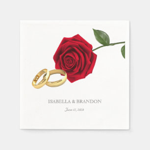 Elegant Gold Rings and Red Roses Wedding Napkin
