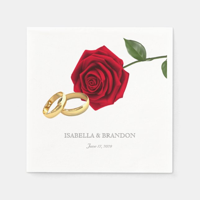 Elegant Gold Rings and Red Roses Wedding Napkin (Front)
