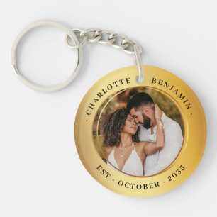 Elegant Gold Rings Couple Photo Wedding Keepsake Key Ring