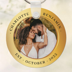Elegant Gold Rings Couple Photo Wedding Keychain