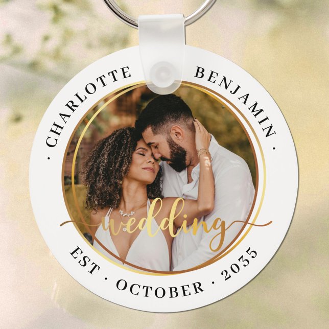 Elegant Gold Rings Couple Photo White Wedding  Key Ring (Creator Uploaded)