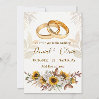 Elegant Gold Rings Sunflower Watercolor Wedding Invitation