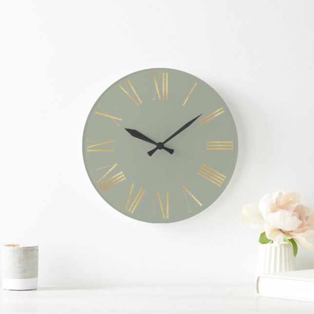 Elegant Gold Roman Numerals on Sage Green Large Clock (Home)