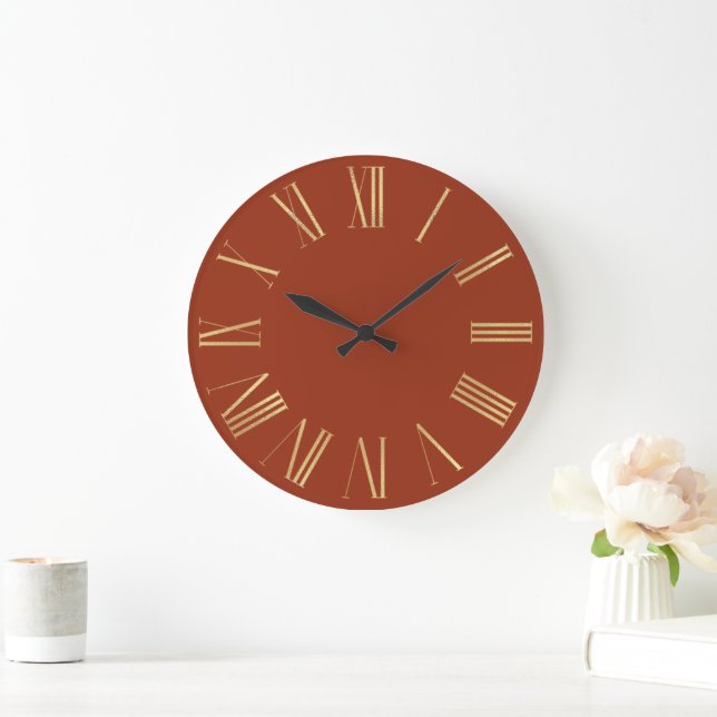 Elegant Gold Roman Numerals on Terra Cotta Large Clock (Home)