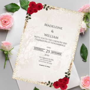 Elegant Gold Romantic Red Roses Wedding Invitation