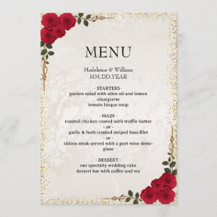 Elegant Gold Romantic Red Roses  Wedding Menu