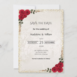 Elegant Gold Romantic Red Roses  Wedding Save The Date