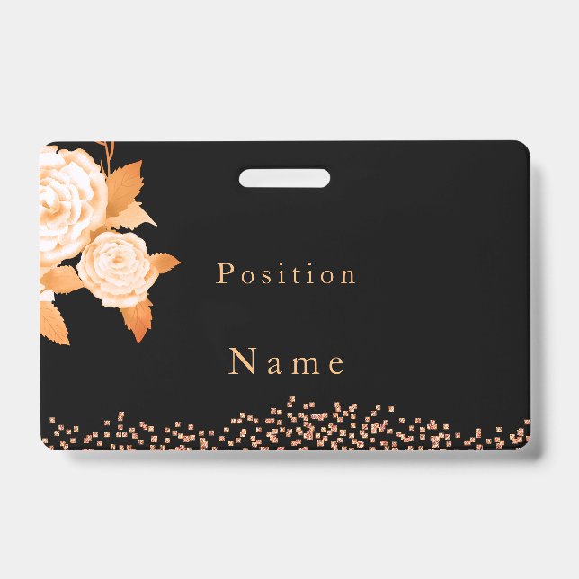 Elegant Gold Rose Black ID Badge (Front)