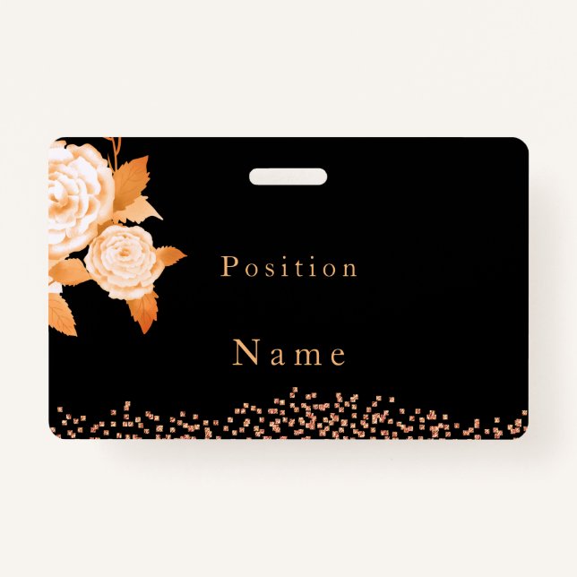 Elegant Gold Rose Black ID Badge (Front)