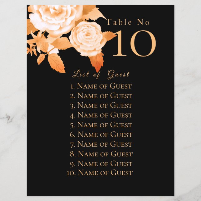 Elegant Gold Rose Black Seating Charts (Front)