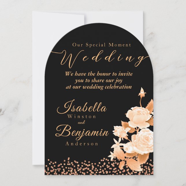 Elegant Gold Rose Black Wedding Invitation Card (Front)