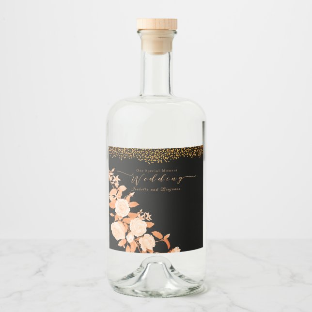 Elegant Gold Rose Black Wedding  Liquor Bottle Label (Front)