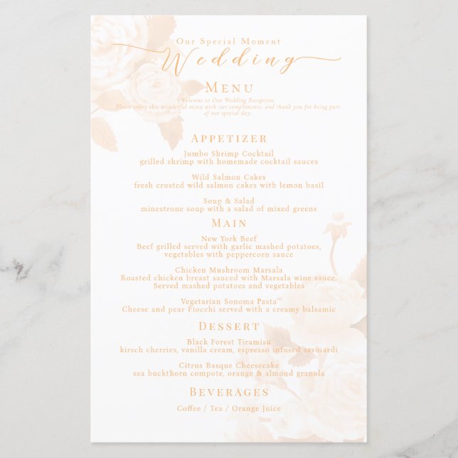 Elegant Gold Rose Black Wedding Menu (Front)