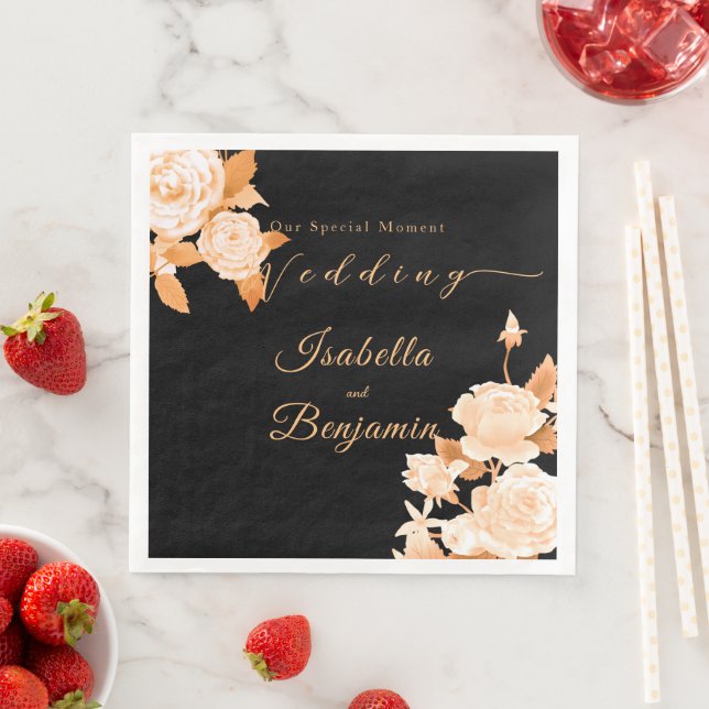 Elegant Gold Rose Black Wedding Napkin (Insitu)