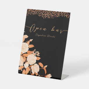 Elegant Gold Rose Black Wedding Open Bar Pedestal Sign