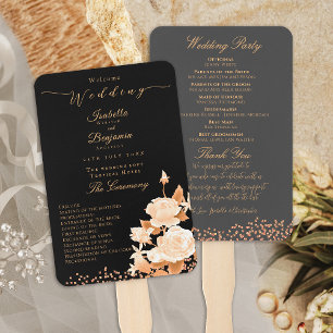 Elegant Gold Rose Black Wedding Program Hand Fan