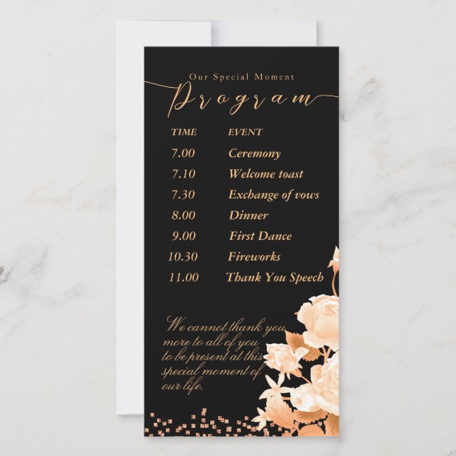 Elegant Gold Rose Black Wedding Program Holiday Card (Front)