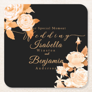 Elegant Gold Rose Black Wedding Square Paper Coaster