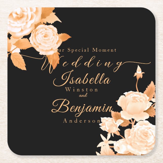 Elegant Gold Rose Black Wedding  Square Paper Coaster (Front)