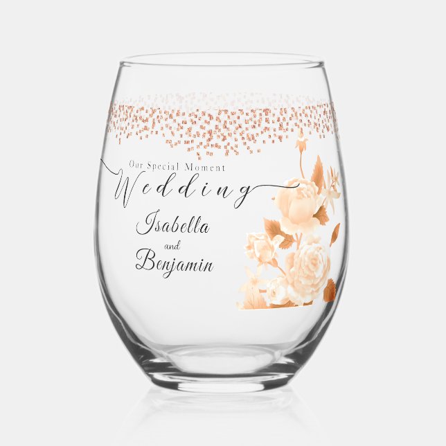Elegant Gold Rose Black Wedding Stemless Wine Glass (Front)