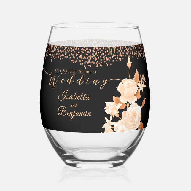 Elegant Gold Rose Black Wedding Stemless Wine Glass (Front)