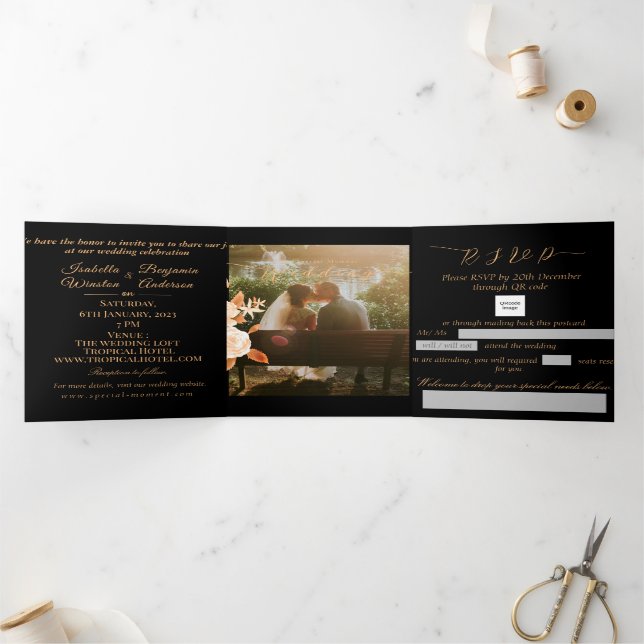 Elegant Gold Rose Black Wedding Tri-Fold Invitation (Inside)