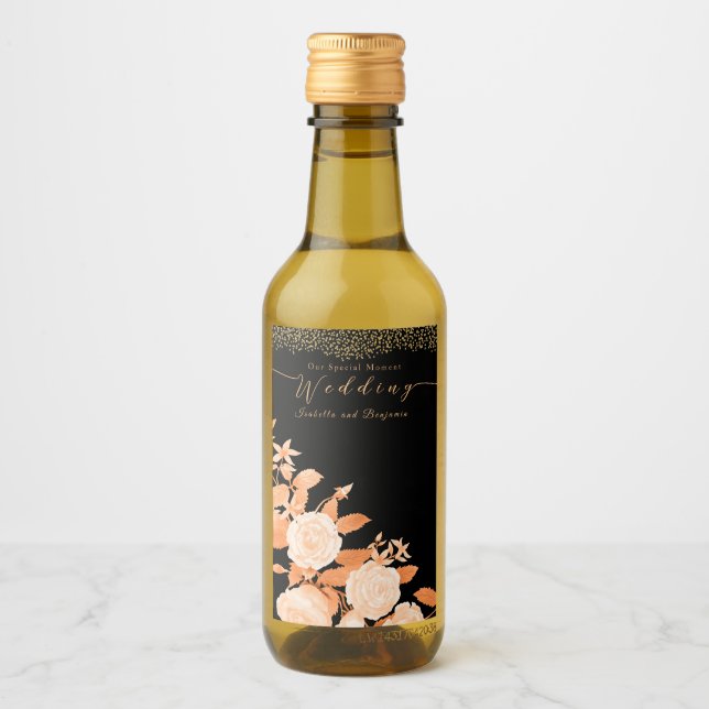 Elegant Gold Rose Black Wedding Wine Label (Front)