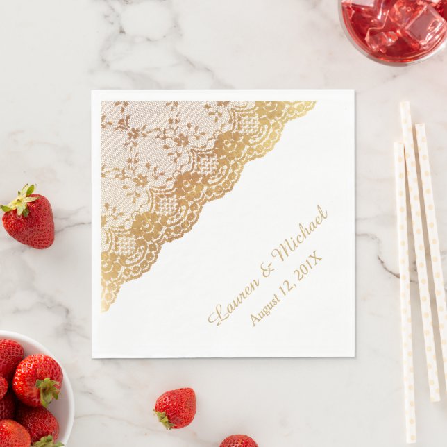 Elegant Gold Rose Border Faux Lace Wedding Napkin (Insitu)