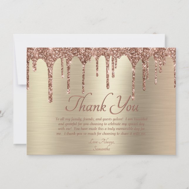 Elegant Gold Rose Gold Glitter Drip Birthday Thank You Card (Front)