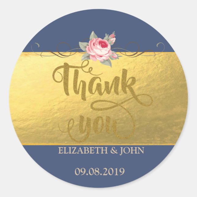 Elegant Gold ,Rose Thank You  Wedding Sticker (Front)