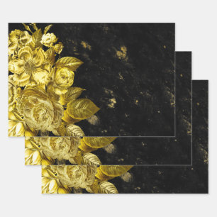 Elegant Gold roses and black marble Wrapping Paper Sheet