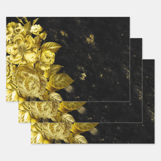 Elegant Gold roses and black marble Wrapping Paper Sheet