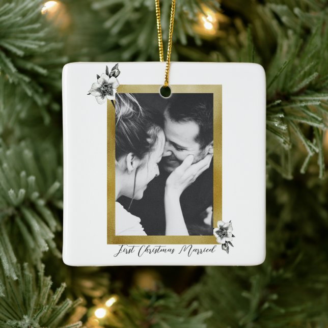 Elegant Gold Roses First Christmas Married Photo Ceramic Ornament (Tree)