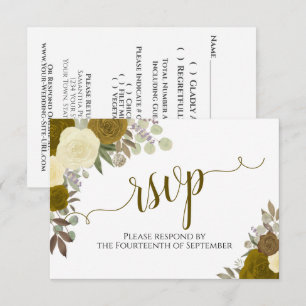 Elegant Gold Roses Floral Calligraphy Wedding RSVP Card