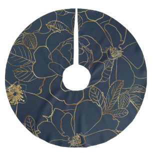 Elegant Gold Roses Floral Drawing Blue Design Brushed Polyester Tree Skirt