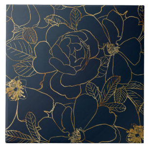Elegant Gold Roses Floral Drawing Blue Design Tile