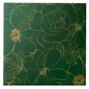 Elegant Gold Roses Floral Drawing Green Design Tile