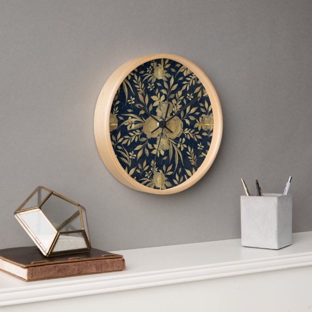 Elegant Gold Roses Floral Navy-Blue Design Clock (Office)