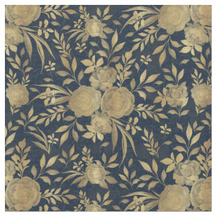 Elegant Gold Roses Floral Navy-Blue Design Fabric