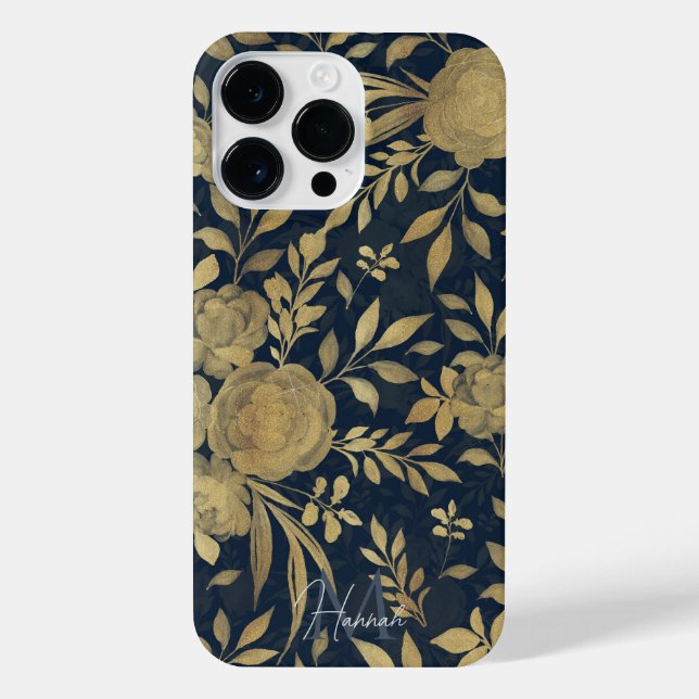 Elegant Gold Roses Floral Navy-Blue Design iPhone Case (Back)