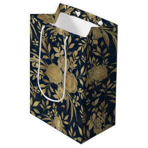 Elegant Gold Roses Floral Navy-Blue Design Medium Gift Bag